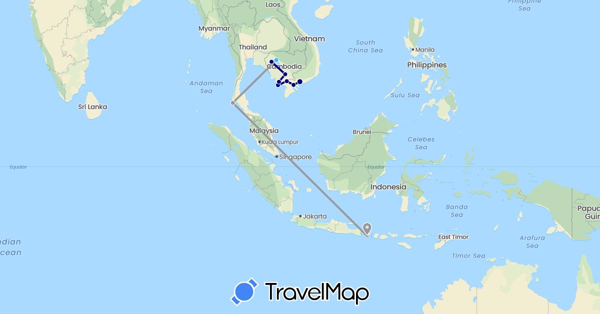 TravelMap itinerary: driving, plane, boat in Indonesia, Cambodia, Thailand, Vietnam (Asia)